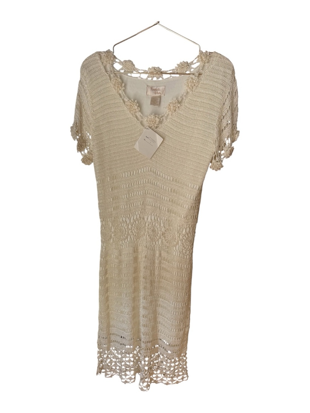 Krashetta By Papillan Size Large Crochet V-Neck Knit Dress in Cream. BNWT